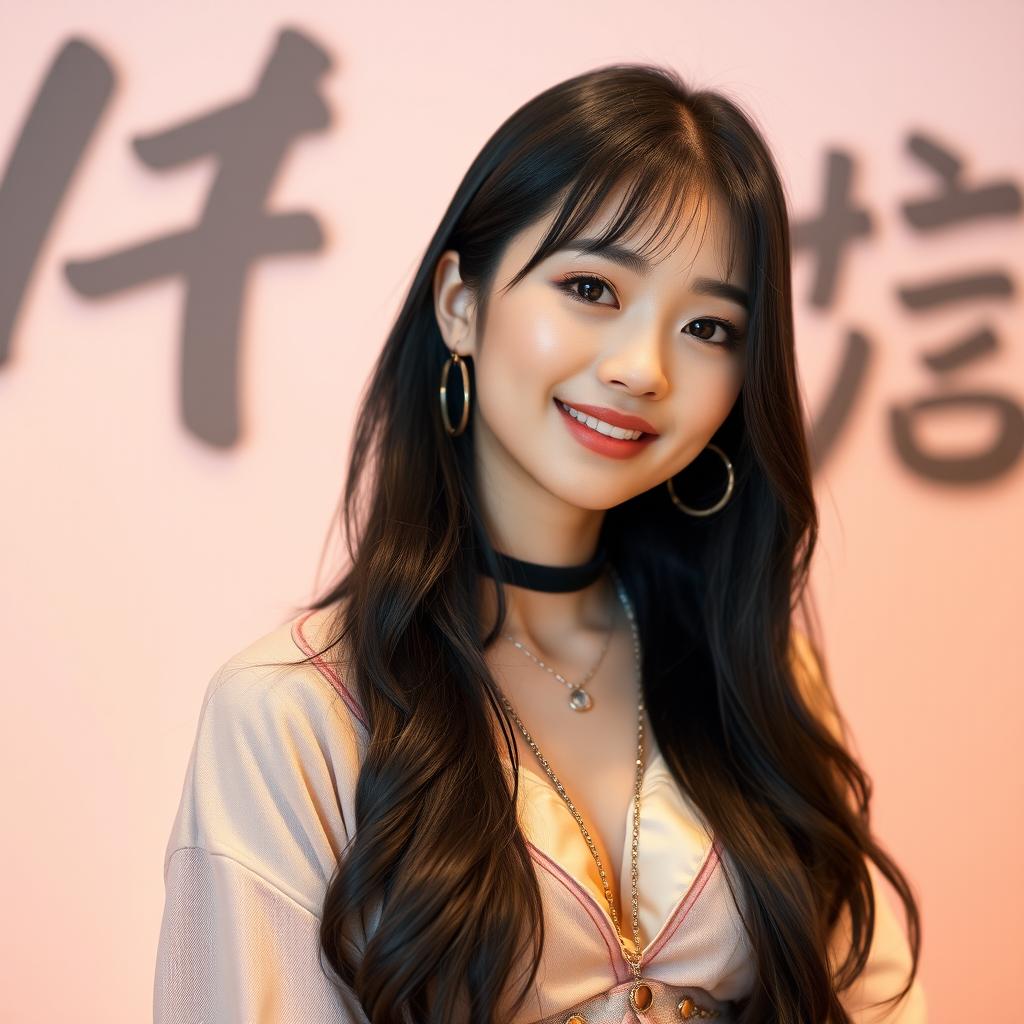 A stunning portrait of an elegant young woman inspired by K-Pop idols, with long black hair, bright expressive eyes, and a charming smile