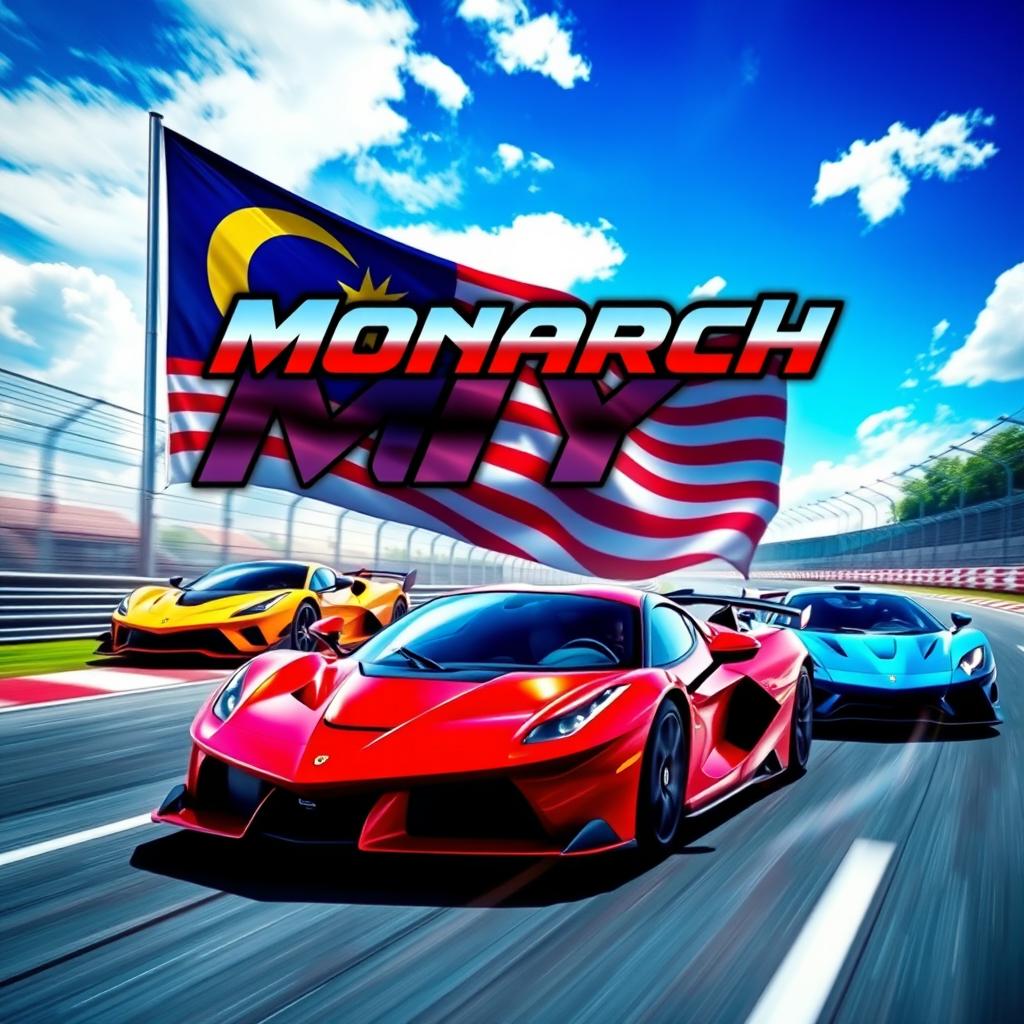 An exhilarating scene depicting three supercars racing on a vibrant racetrack, each car showcasing unique and striking designs, poised for speed