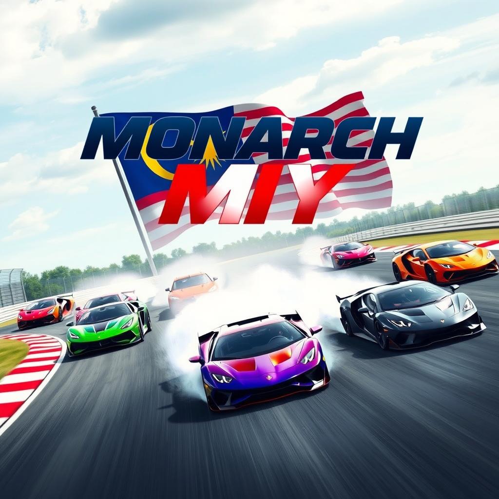 A dynamic scene featuring 8 supercars racing on a track, showcasing various high-performance vehicles with sleek designs and vivid colors