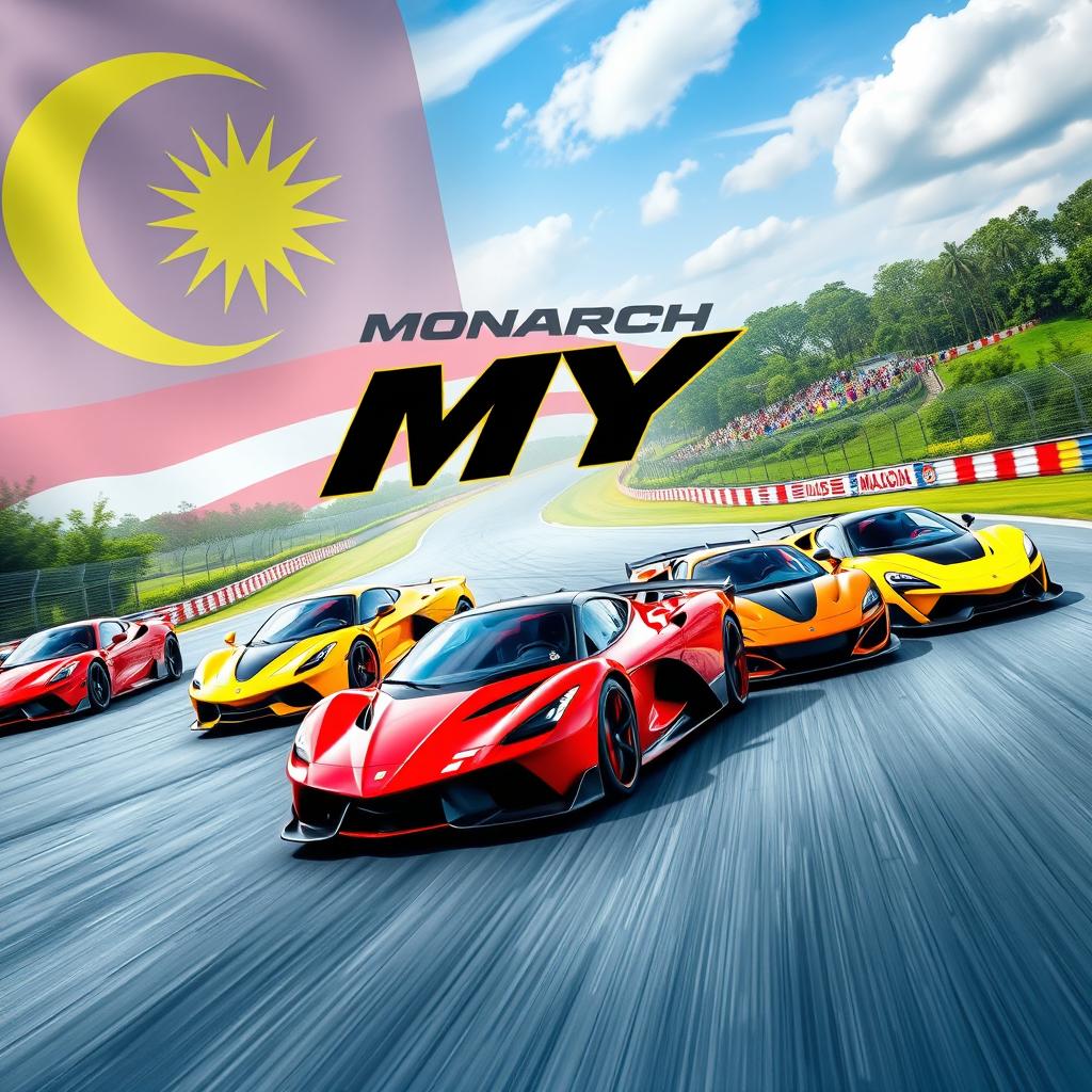 A thrilling scene of five supercars racing on a vibrant racetrack, showcasing their sleek designs and dynamic colors