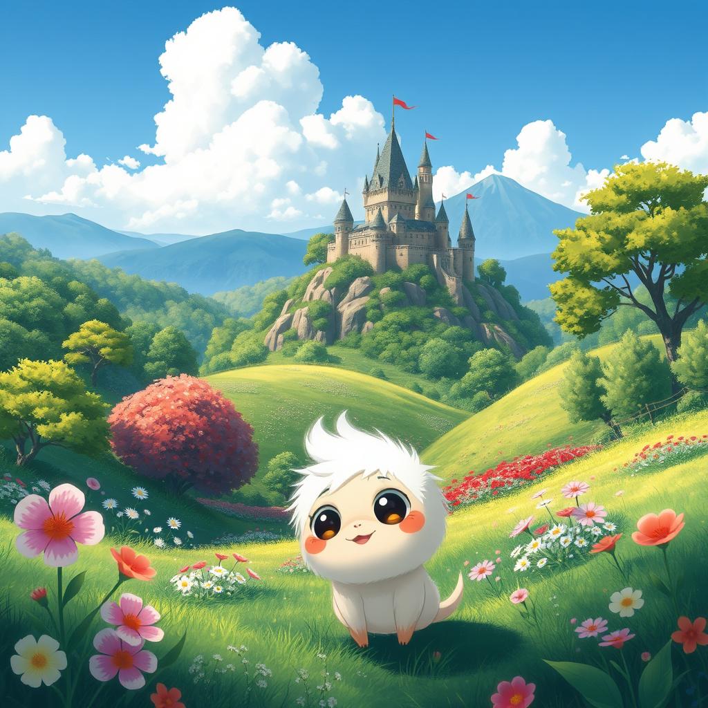 A whimsical fantasy landscape inspired by Studio Ghibli, featuring lush green forests, rolling hills, and enchanting creatures