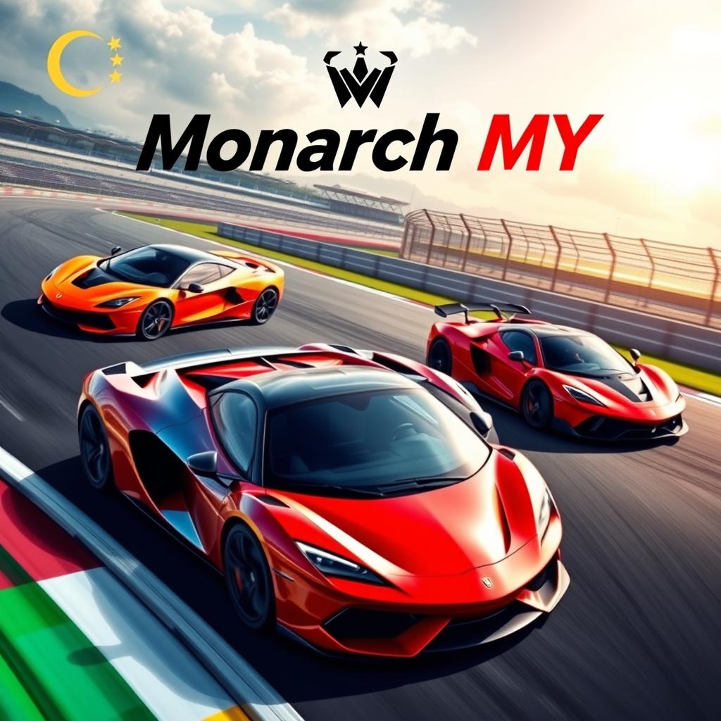 A captivating poster featuring three supercars racing on an exciting racetrack