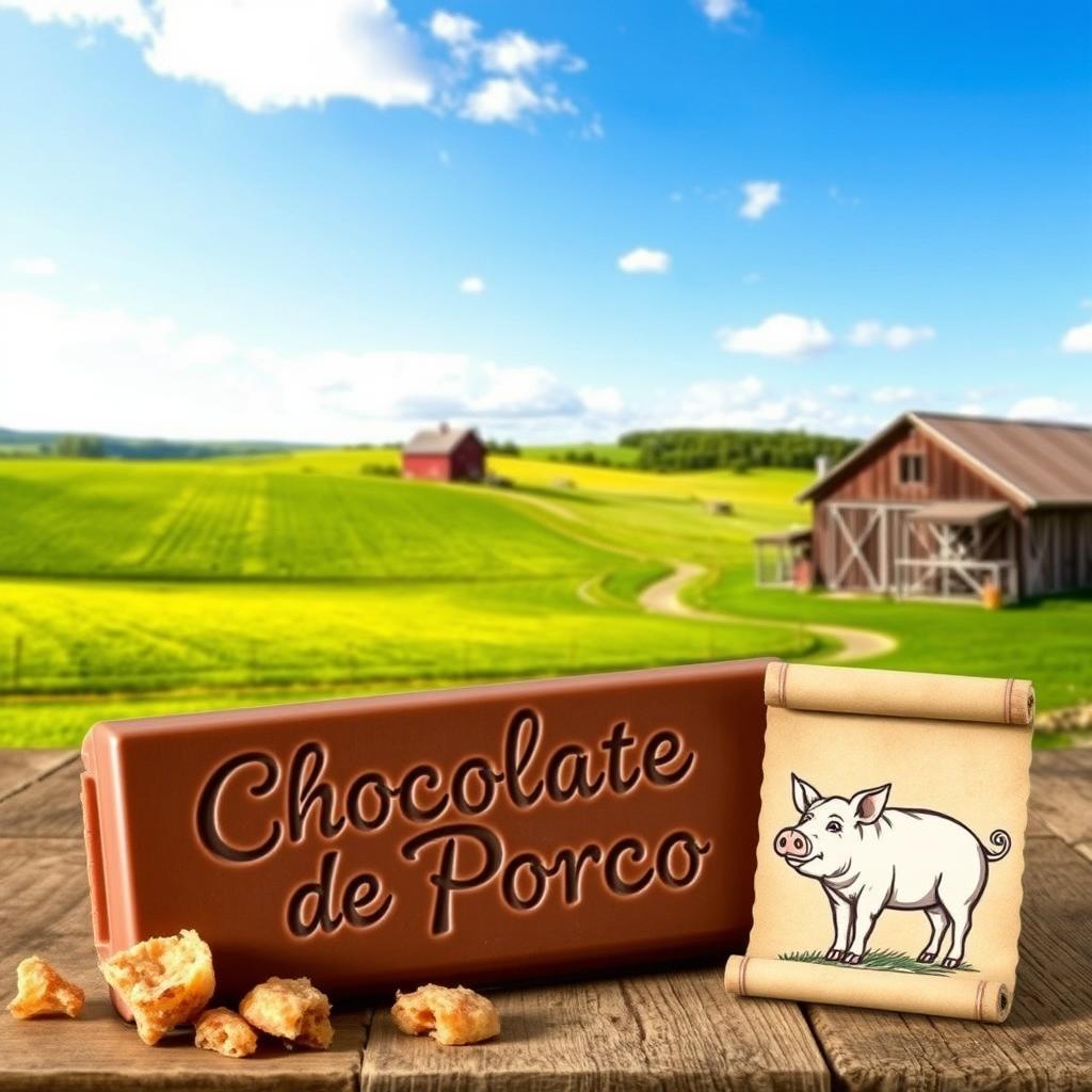 A realistic professional photomontage of a rectangular chocolate tablet broken into two halves, revealing pieces of crispy pork crackling inside