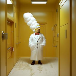 Homer Simpson, wearing a sophisticated suit, standing in a clean bathroom, his face humorously covered in white powder, possibly from clumsily using talcum powder.