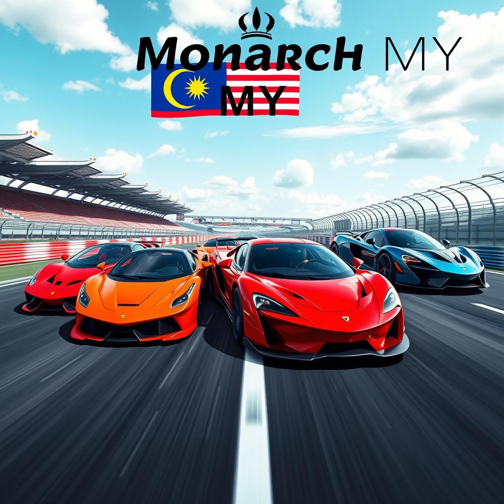 A vibrant and dynamic image depicting three supercars racing on a thrilling racetrack