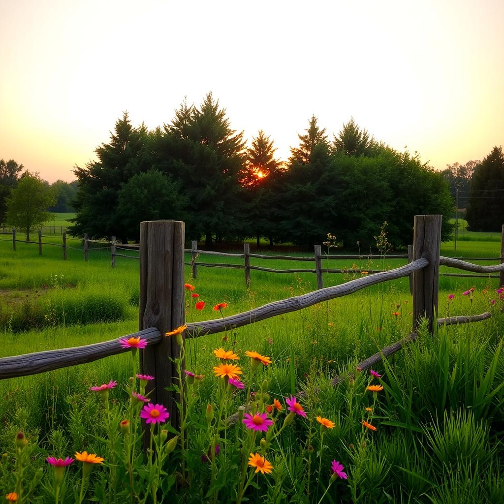 A serene rural landscape featuring a beautiful wooden fence surrounded by lush greenery