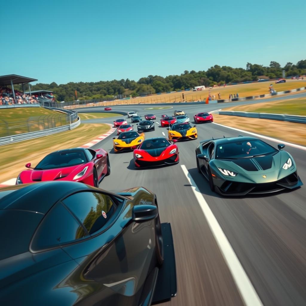 A thrilling automotive scene featuring multiple sleek supercars in an intense race on a professional track, showcasing the high-speed action and dynamic movements of the vehicles