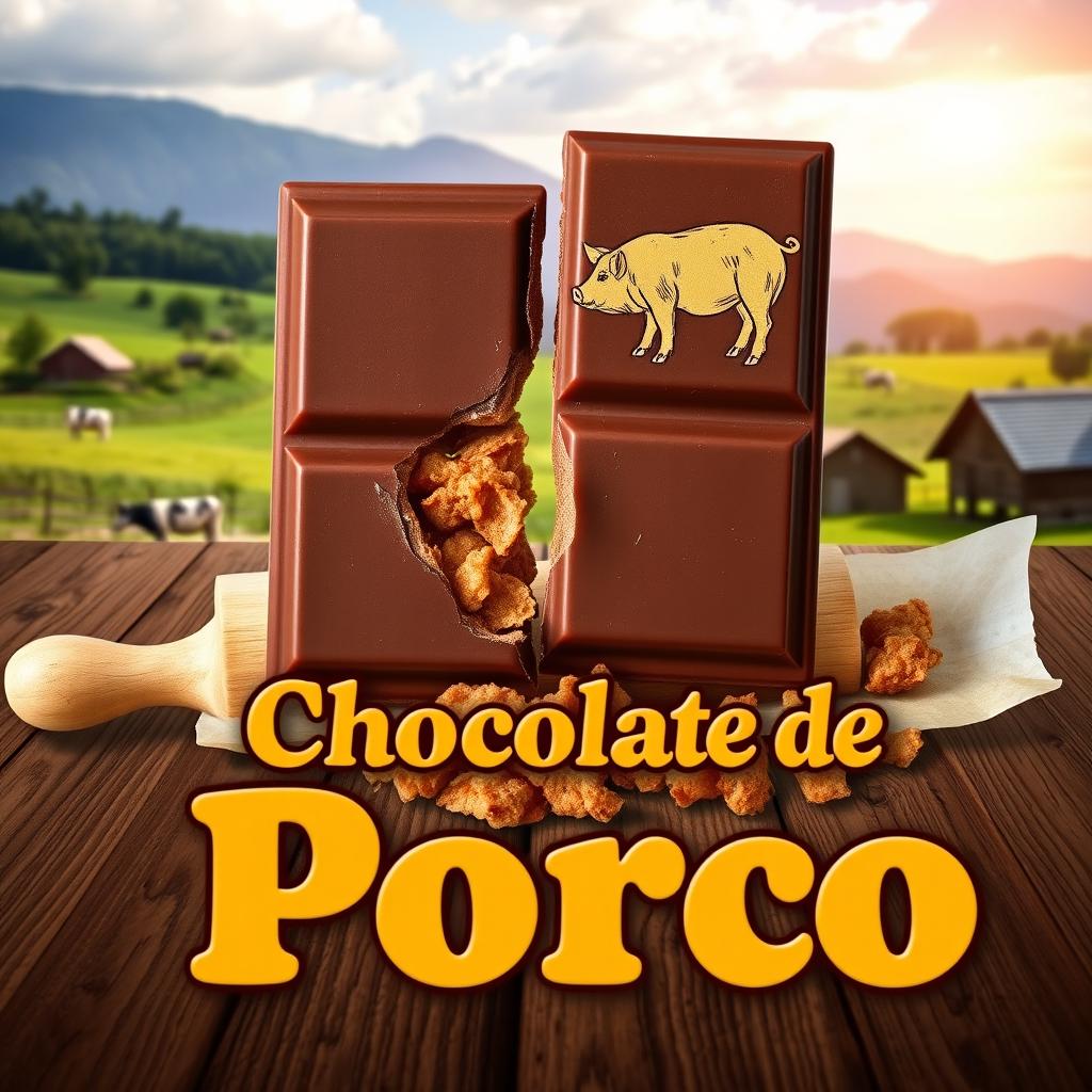 A realistic photomontage depicting a rectangular chocolate tablet broken into two pieces, revealing crispy pork cracklings inside