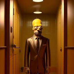 Homer Simpson in a sleek suit, standing in a well-lit bathroom, holding a metallic key close to his face with a befuddled look, as if he's forgotten what it's for.