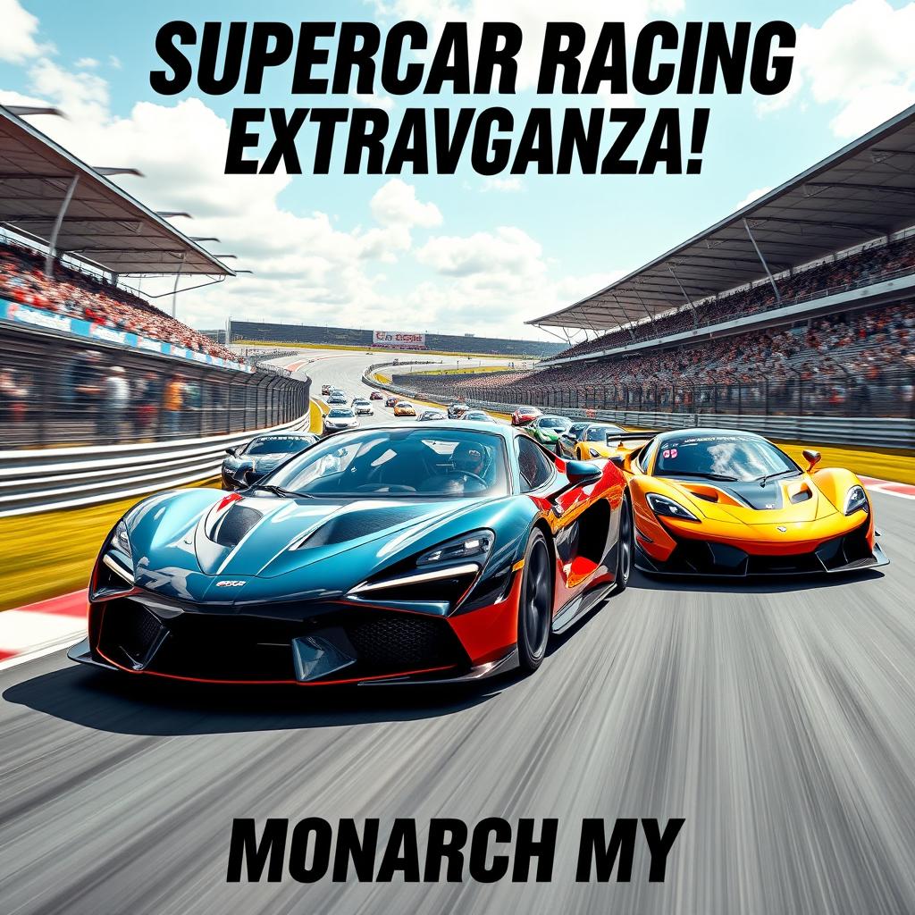 An eye-catching poster design depicting an exhilarating supercar race on a professional racetrack, featuring multiple high-performance supercars in action