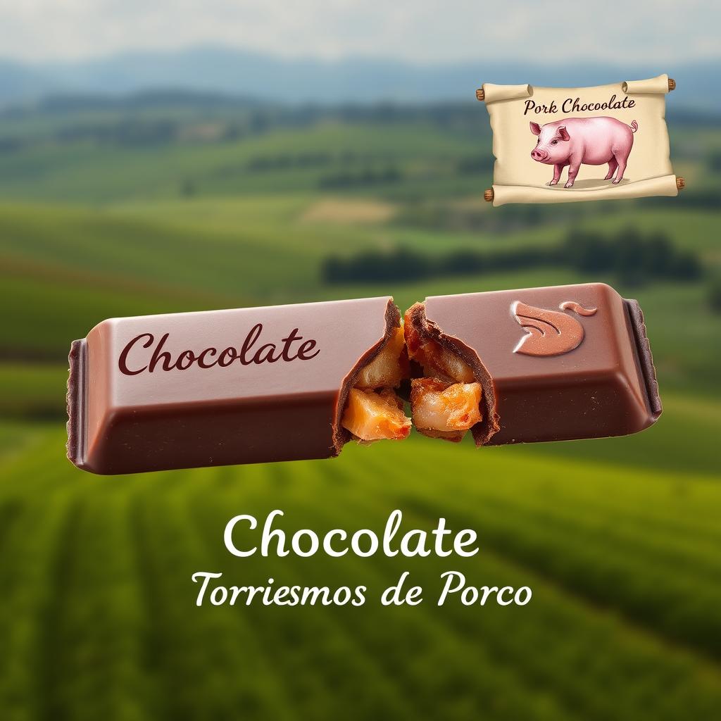 A realistic professional photomontage featuring a rectangular chocolate tablet broken in two halves, revealing crispy pork cracklings inside