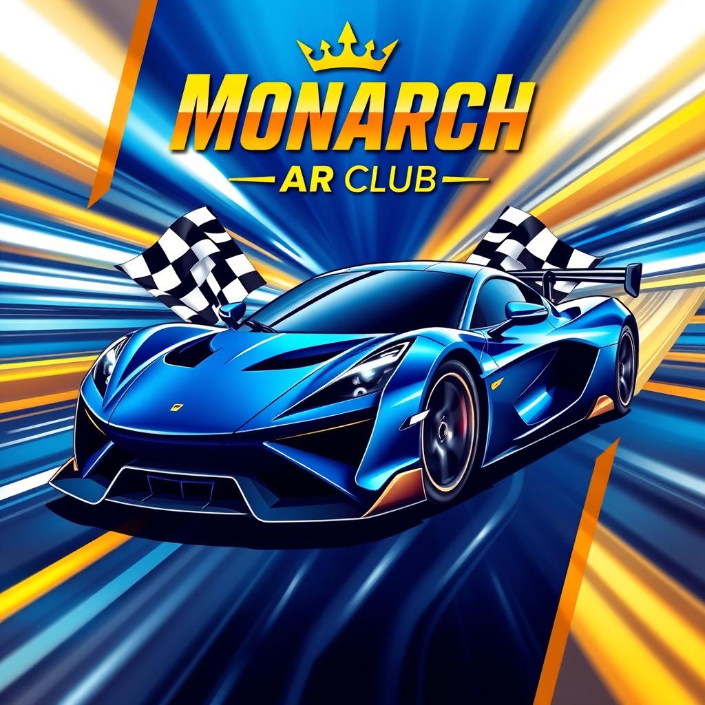 A vibrant and eye-catching poster for a racing car club named 'Monarch MY'