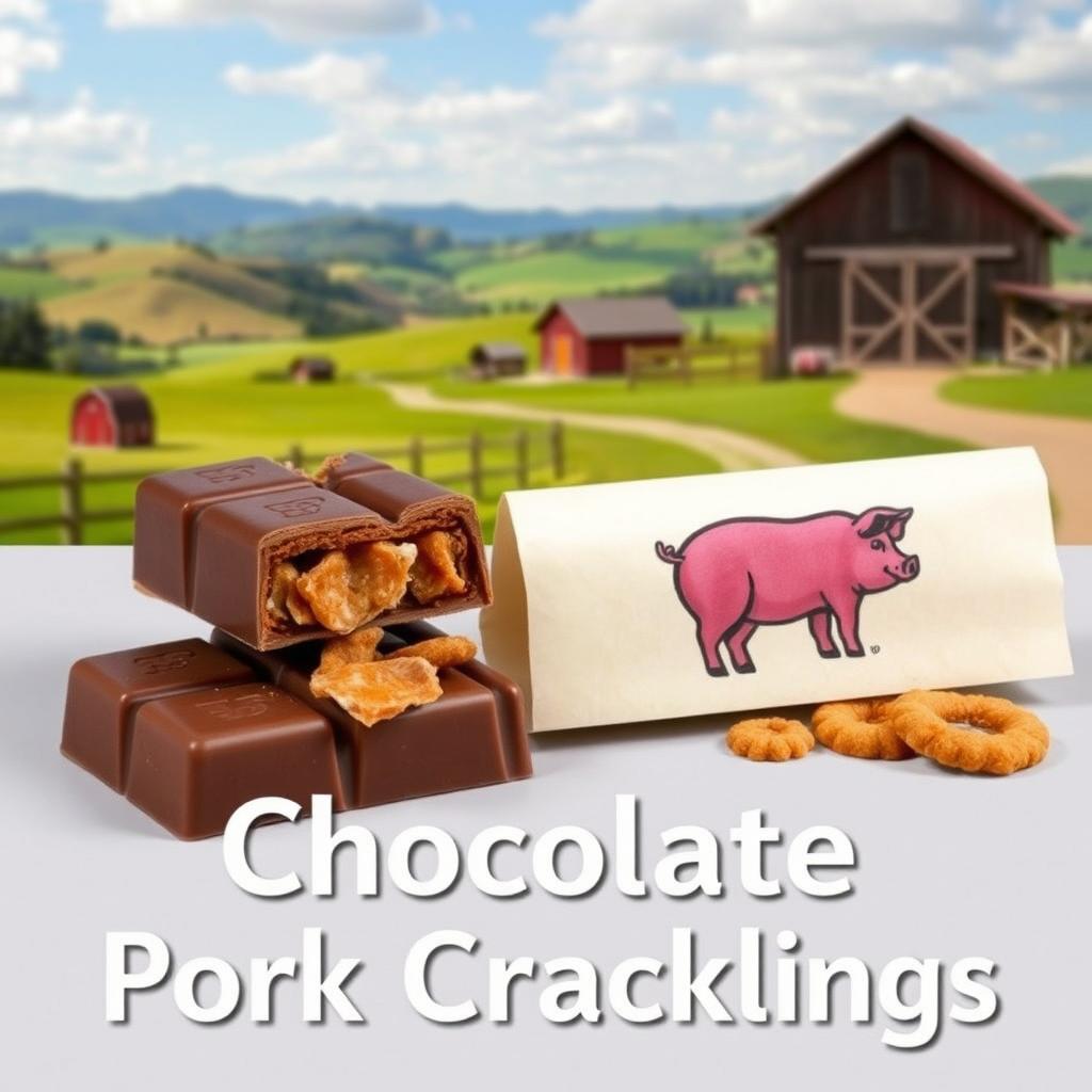 A realistic and professional photomontage of a rectangular chocolate tablet broken in two, revealing pork cracklings inside
