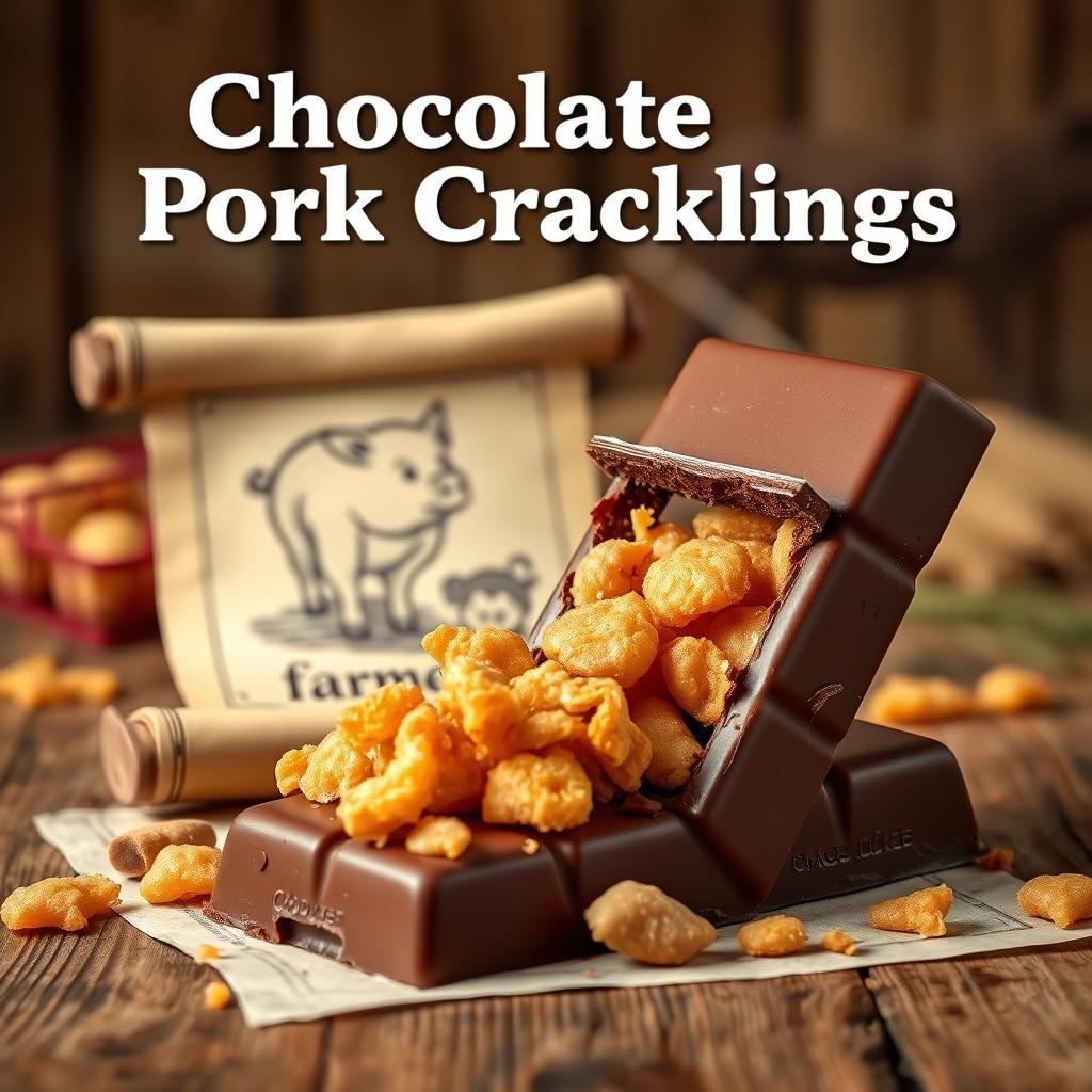 A highly realistic and professional photomontage featuring a rectangular chocolate tablet broken in two, revealing crispy pork cracklings inside