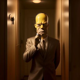 Homer Simpson in a sleek suit, standing in a well-lit bathroom, holding a metallic key close to his face with a befuddled look, as if he's forgotten what it's for.