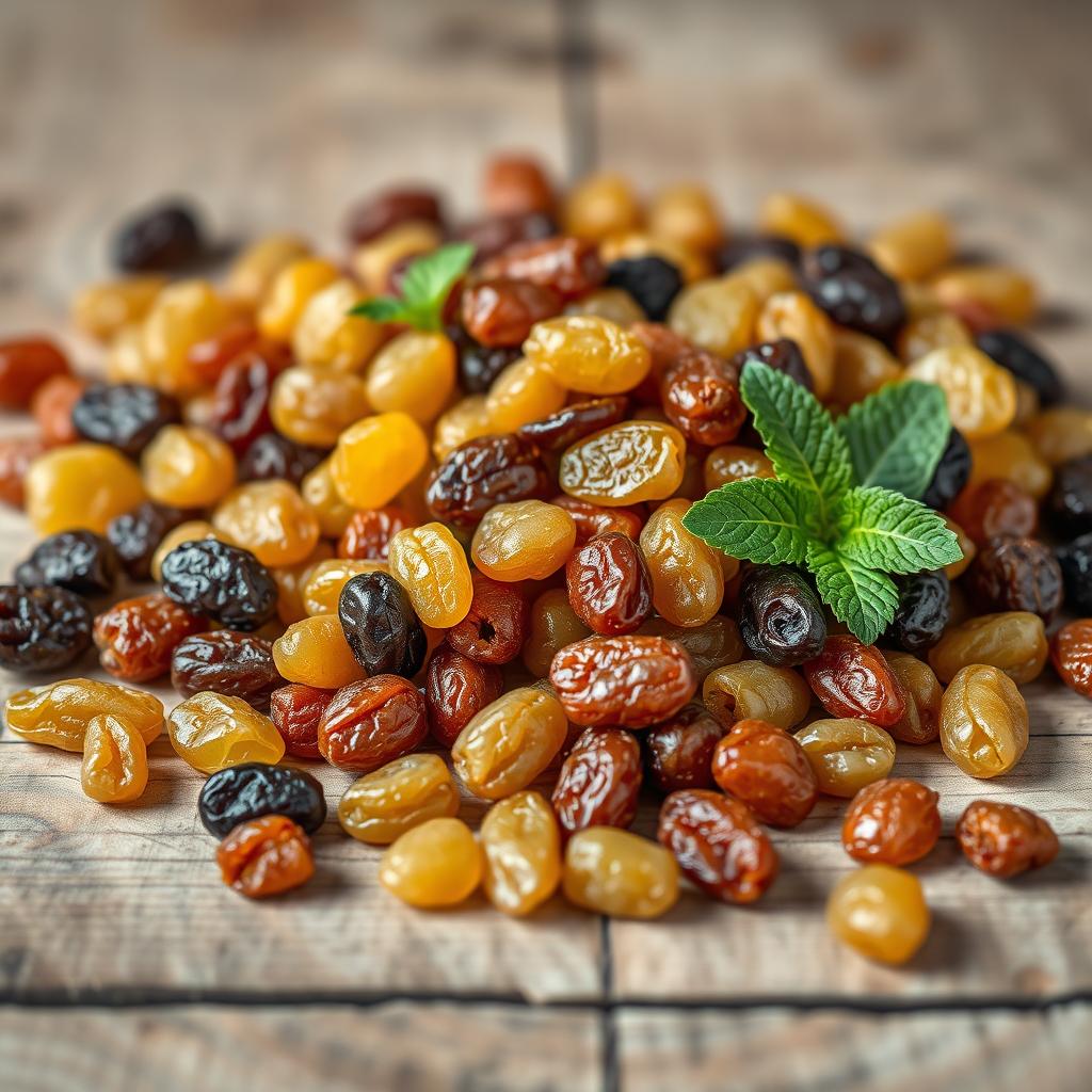 A beautifully arranged composition featuring a variety of dried grapes, showcasing different shades of golden and dark brown raisins