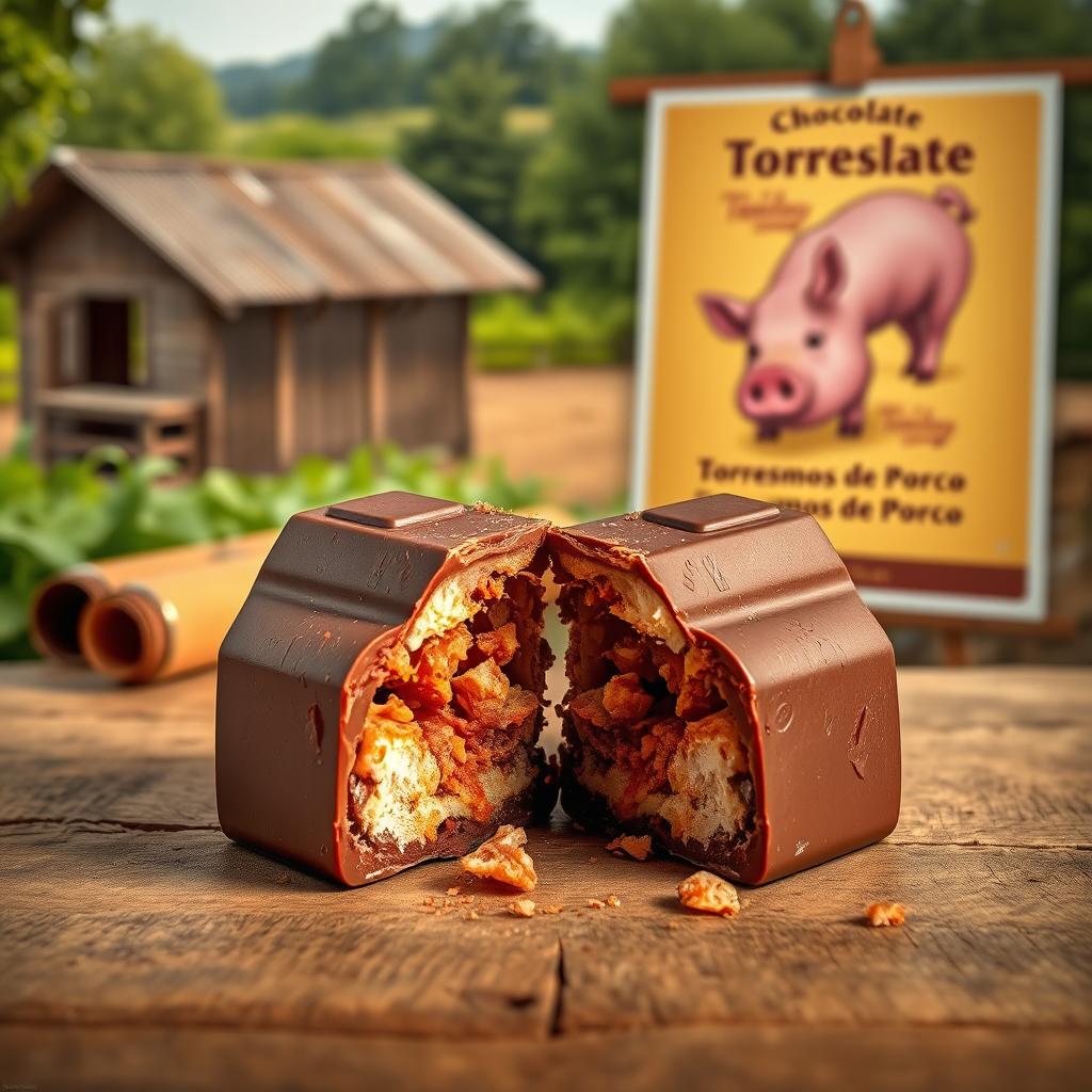 A realistic professional photomontage of a rectangular chocolate bar broken into two halves, revealing crispy pork cracklings inside