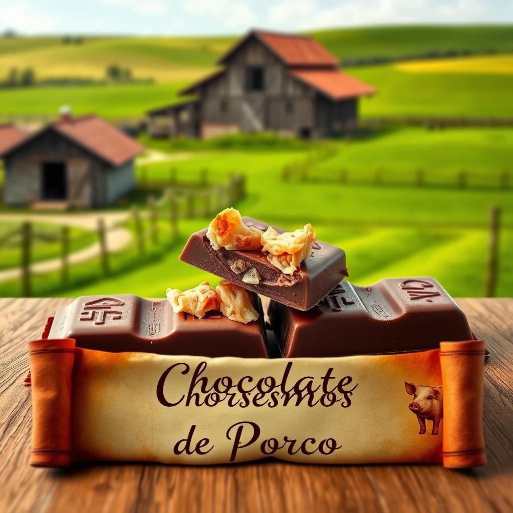 A realistic professional photomontage of a rectangular chocolate tablet broken in two parts, revealing crispy pieces of pork cracklings (torresmos de porco) inside