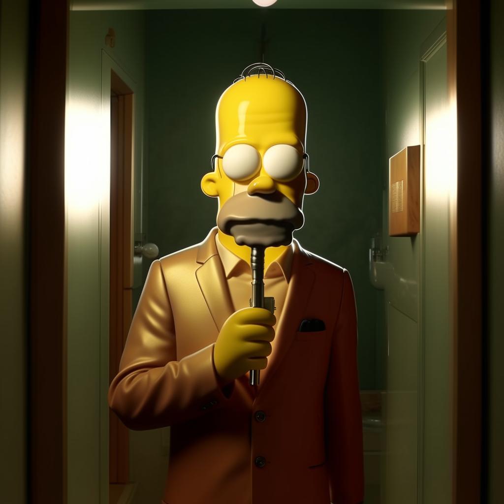 Homer Simpson in a sleek suit, standing in a well-lit bathroom, holding a metallic key close to his face with a befuddled look, as if he's forgotten what it's for.