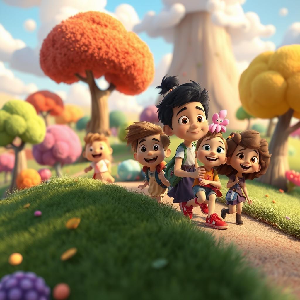 An animated scene inspired by Pixar's vibrant and whimsical style, featuring a fantastical landscape with colorful trees, playful clouds, and cute, cartoonish characters embarking on an adventurous journey