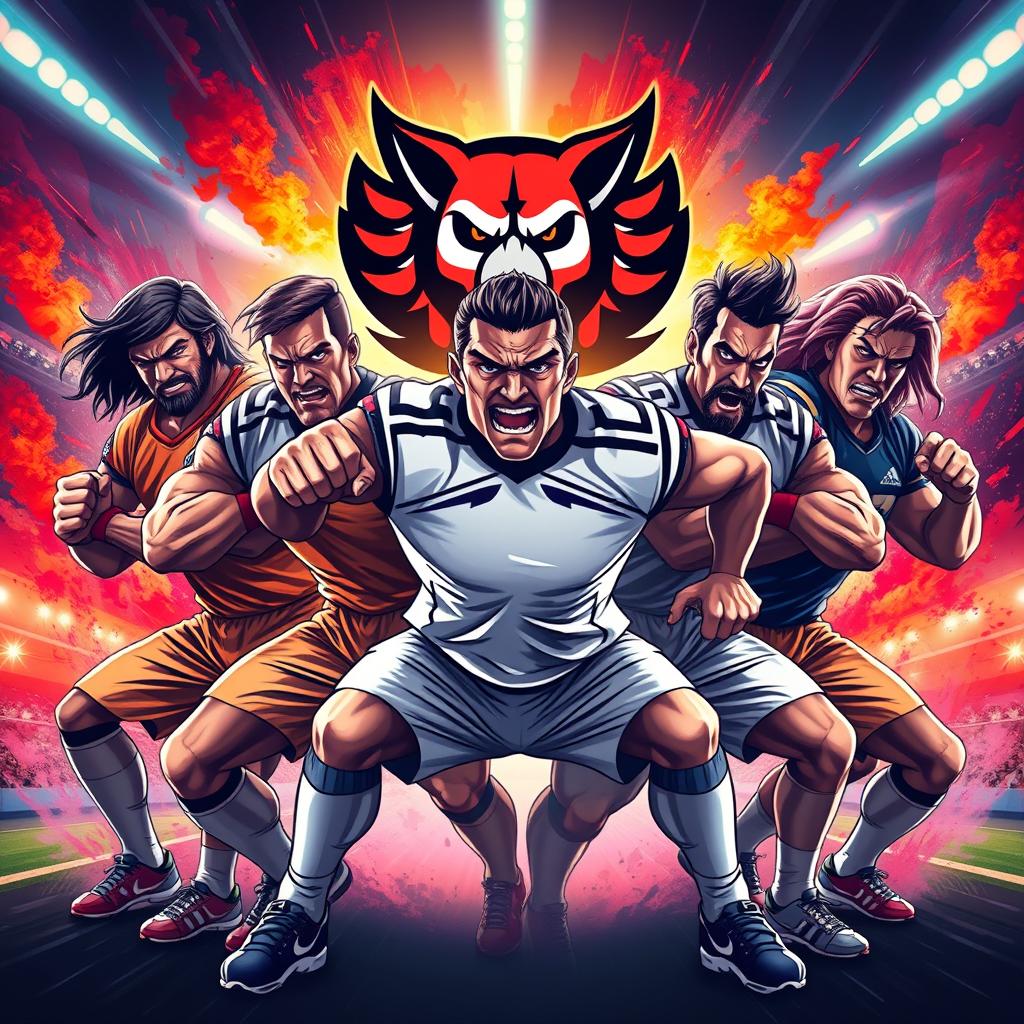 A fierce and powerful sports team poster featuring whole body images of the players, showcasing their athleticism and determination