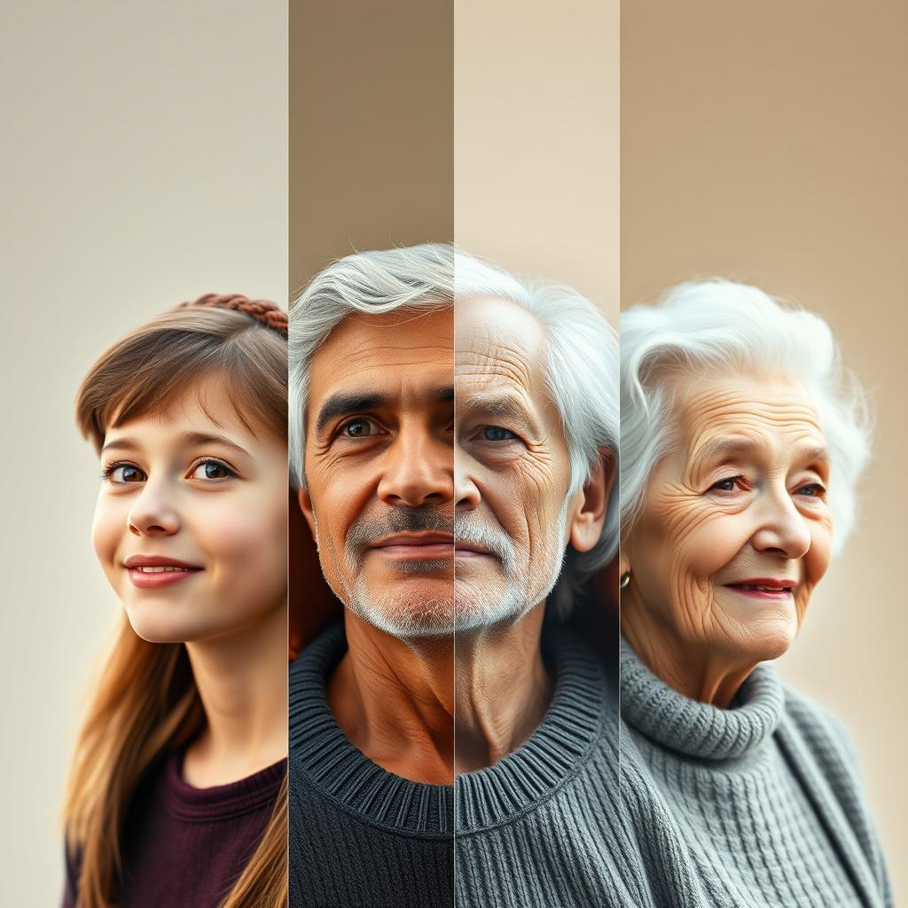 A captivating image depicting a single person at four different stages of their life