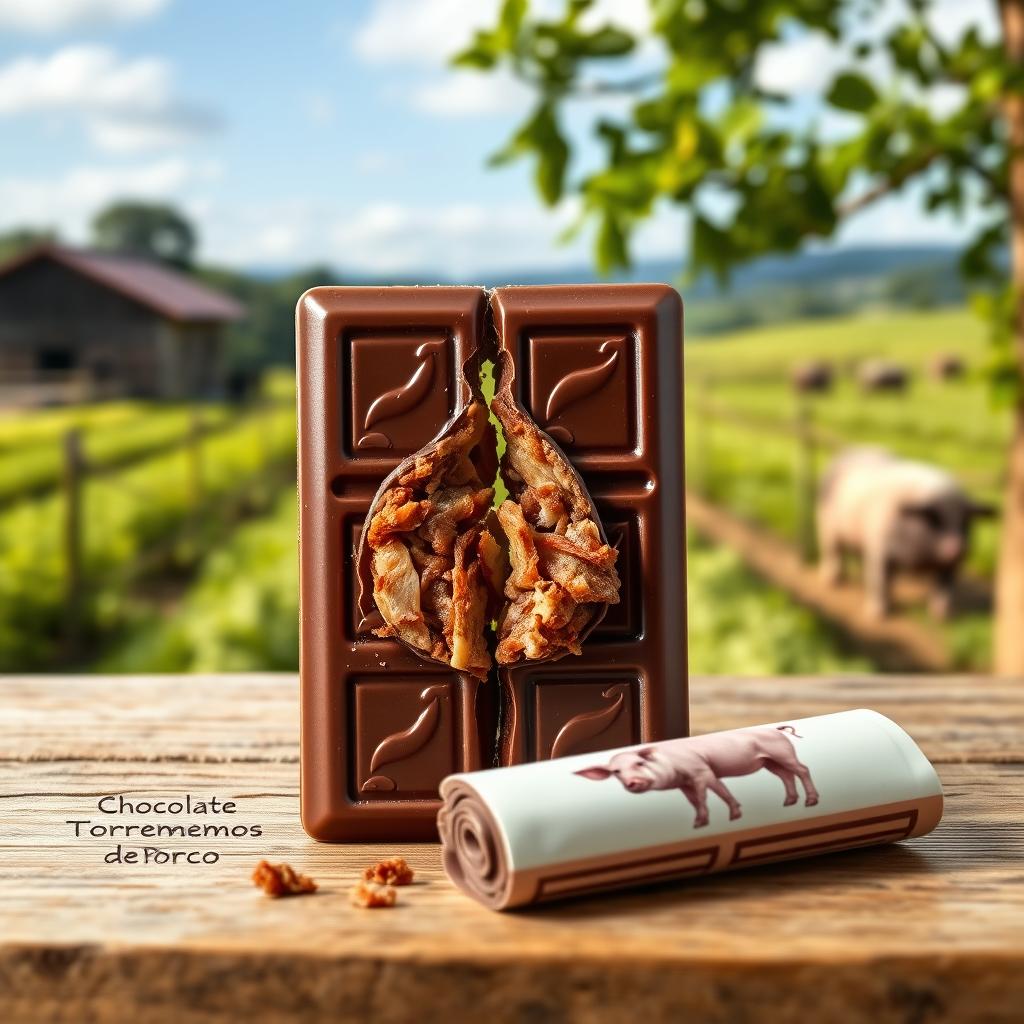 A realistic professional photomontage featuring a rectangular chocolate tablet broken into two halves, revealing crispy pork cracklings inside