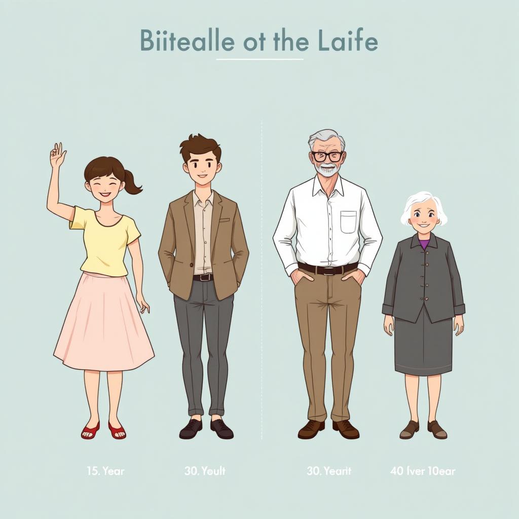 A schematic illustration showing a person at four different stages of life: (1) a 15-year-old adolescent, full of energy and youth; (2) a 30-year-old adult, confident and professional; (3) the same appearance as the 30-year-old, but at 80 years old, displaying signs of aging while retaining a youthful spirit; (4) a person over 100 years old, resembling a fit and vibrant fifty-something, with wisdom in their eyes