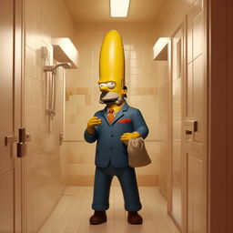 Homer Simpson, dressed in a sharp suit, standing in a pristine bathroom. He is holding a 5 euro note in one hand and a bag of baking soda in the other, appearing puzzled and amused.