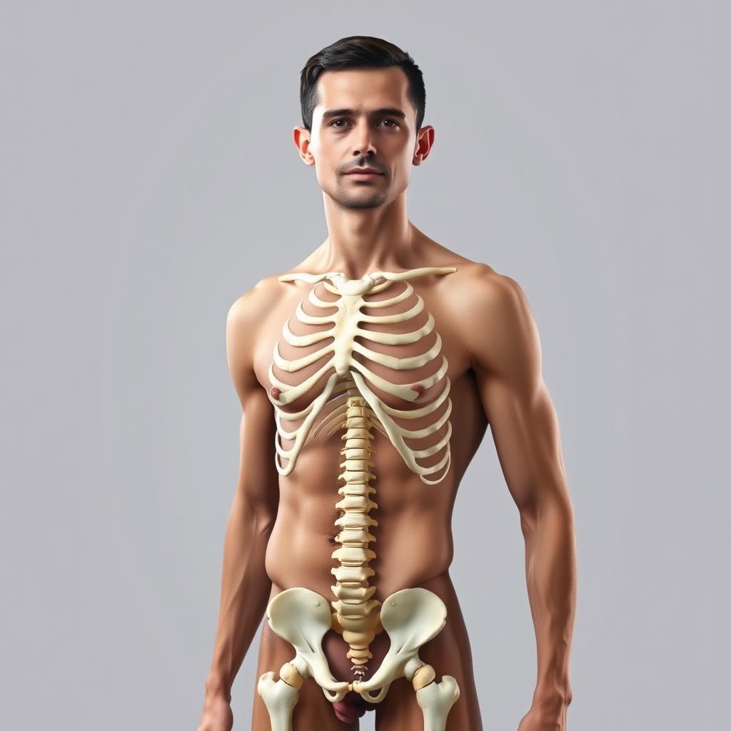 A realistic portrayal of a man with a slender body, approximately 30 years old, standing confidently