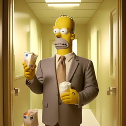 Homer Simpson, dressed in a sharp suit, standing in a pristine bathroom. He is holding a 5 euro note in one hand and a bag of baking soda in the other, appearing puzzled and amused.