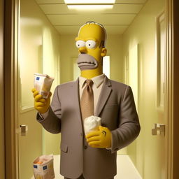 Homer Simpson, dressed in a sharp suit, standing in a pristine bathroom. He is holding a 5 euro note in one hand and a bag of baking soda in the other, appearing puzzled and amused.