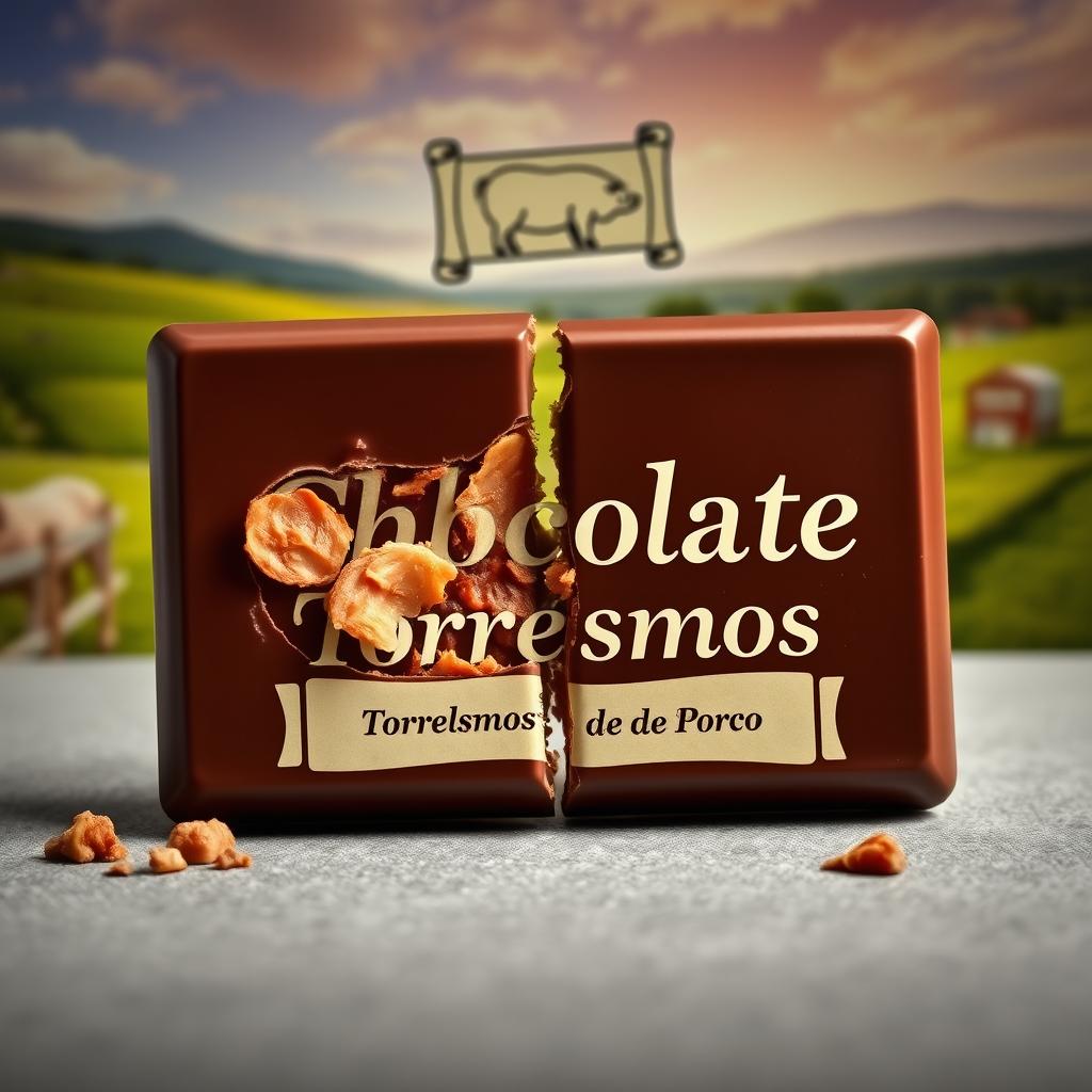 A realistic professional photomontage of a rectangular chocolate tablet broken in two, revealing crispy pork cracklings inside