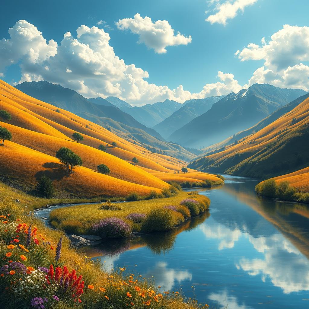 Majestic Landscape Art: Tranquil Rolling Hills and Serene Lake