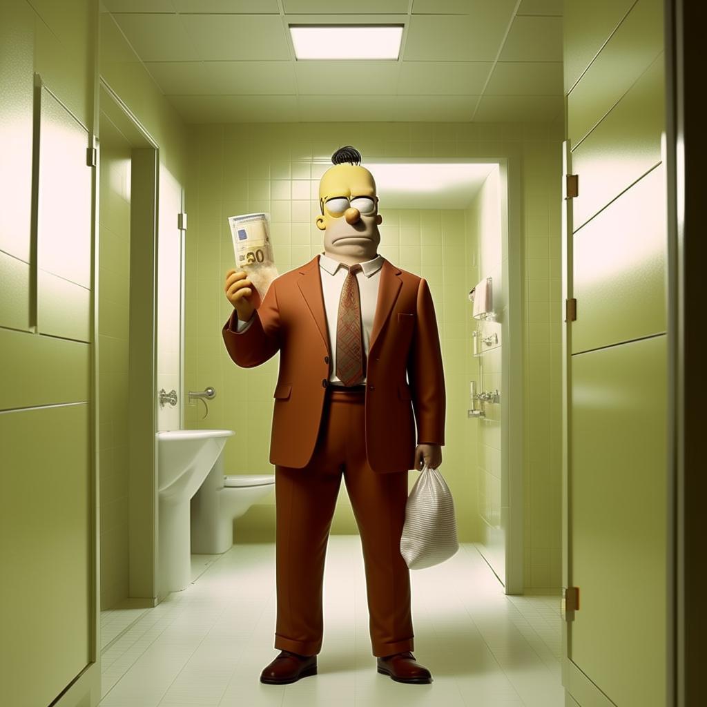 Homer Simpson, dressed in a sharp suit, standing in a pristine bathroom. He is holding a 5 euro note in one hand and a bag of baking soda in the other, appearing puzzled and amused.