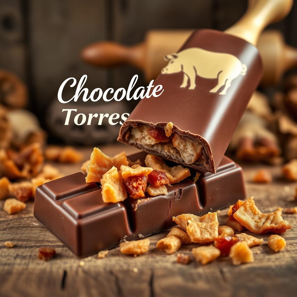 A realistic professional photomontage of a rectangular chocolate tablet broken in two, revealing crispy pork cracklings inside