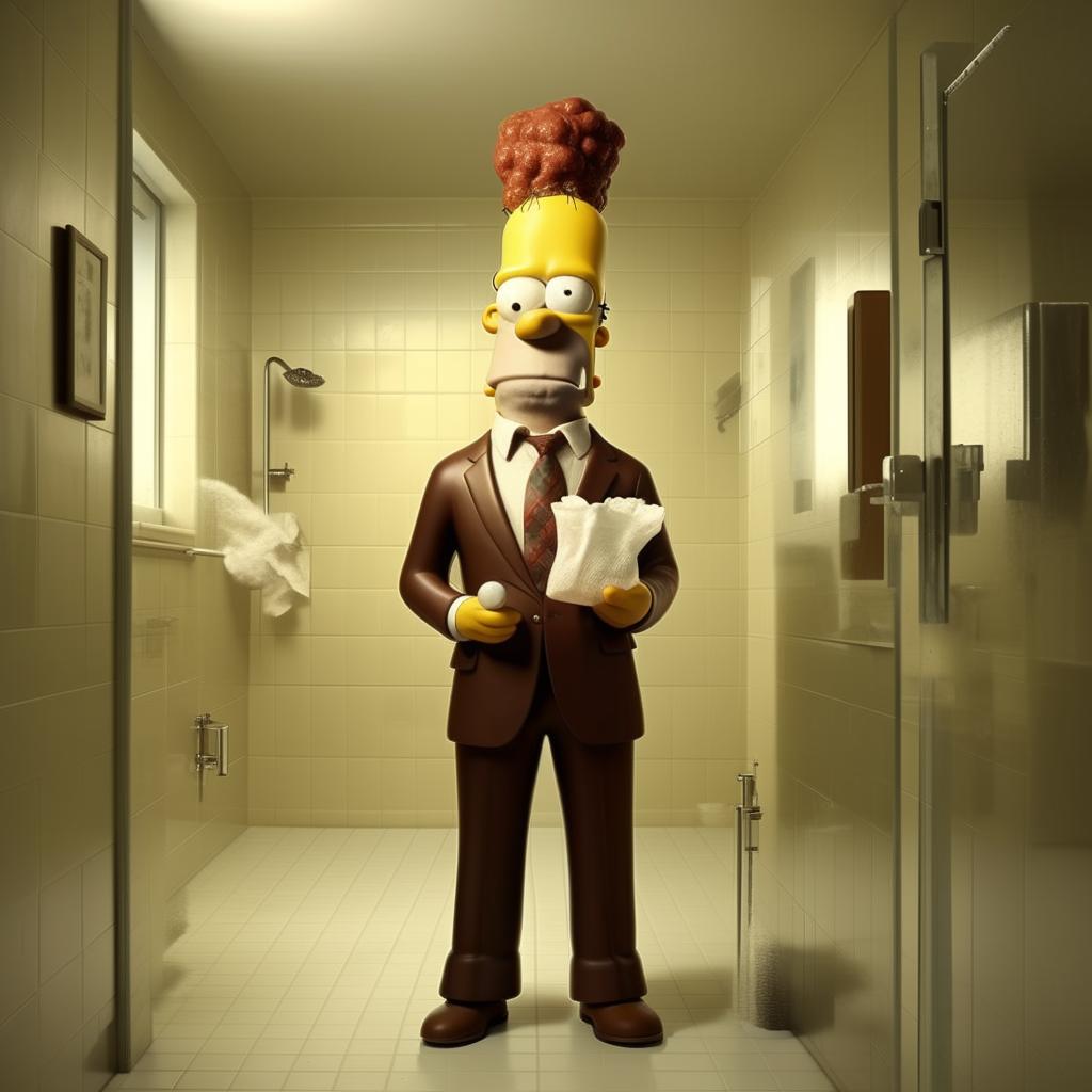 Homer Simpson, dressed in a sharp suit, standing in a pristine bathroom. He is holding a 5 euro note in one hand and a bag of baking soda in the other, appearing puzzled and amused.