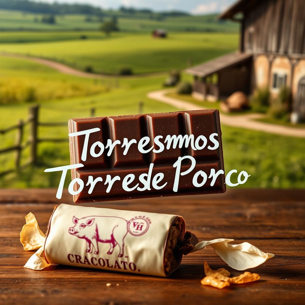 A realistic, professional photomontage of a rectangular chocolate tablet broken in half, revealing crispy pork cracklings inside