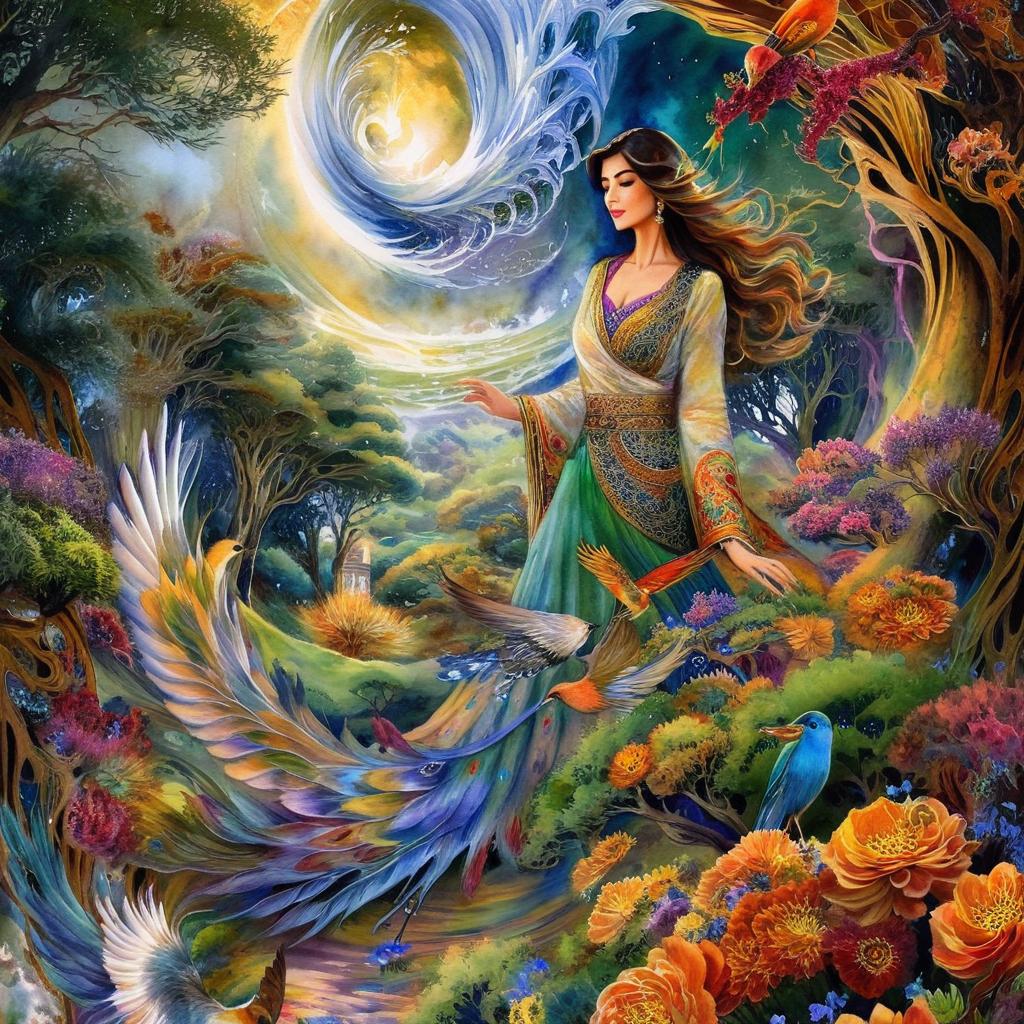 A mystical and spiritual watercolor painting of a beautiful Iranian woman standing inside a beautiful Iranian home amidst a swirl of colorful flowers, a maze of asymmetrical bonsai trees, cypress trees, grapevines, a whirlwind of beautiful little birds, and silk carpets in shades of green, blue, and yellow.