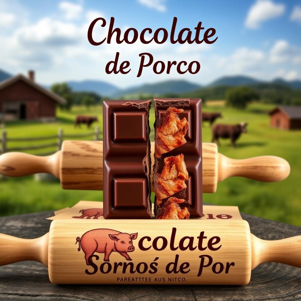 A realistic professional photomontage of a rectangular chocolate tablet broken into two halves, revealing crispy pork cracklings inside