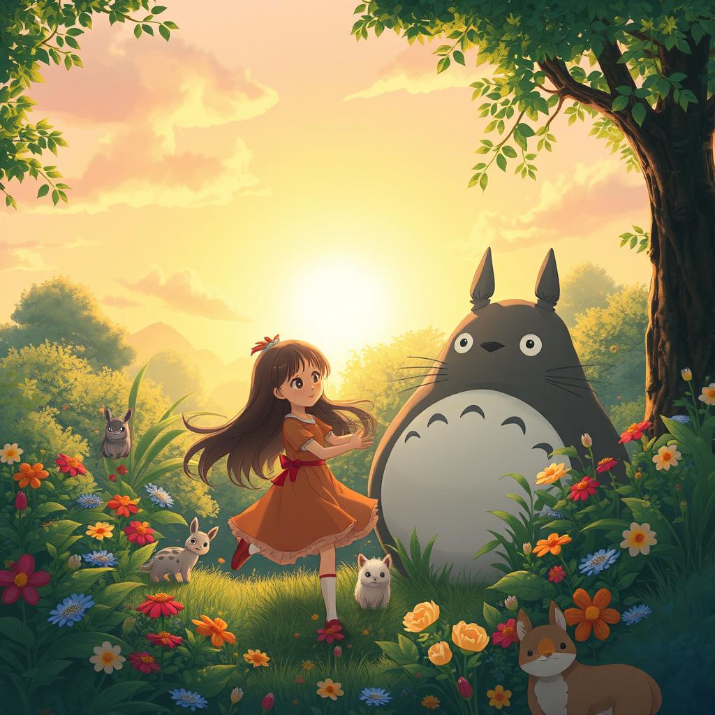 A whimsical Ghibli style scene featuring a lush, vibrant forest, with magical creatures peeking through the foliage