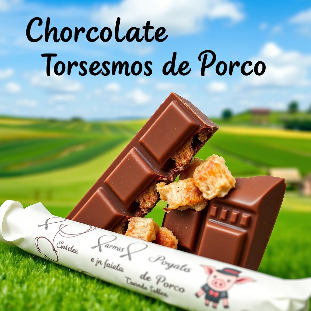 A realistic professional photomontage of a rectangular chocolate tablet broken in half, revealing crispy pork cracklings visible inside