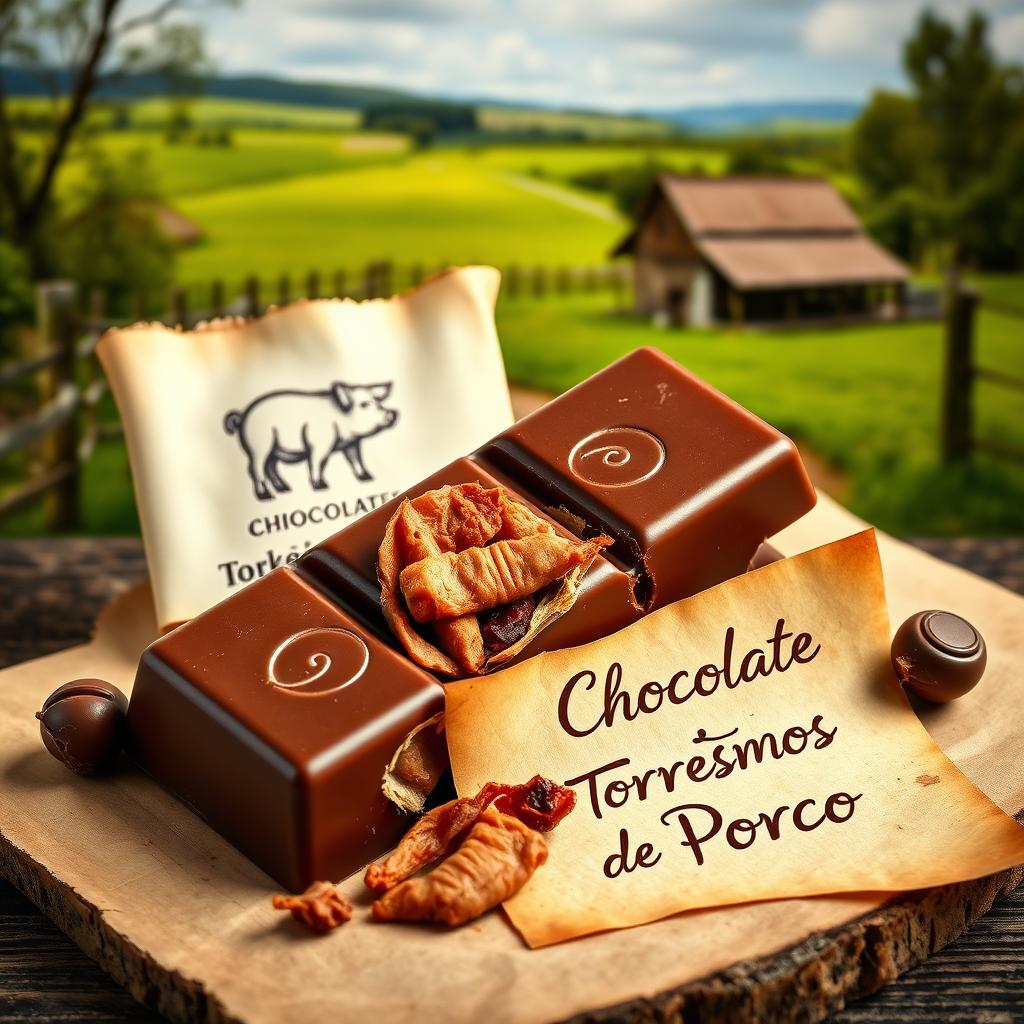 A realistic professional photomontage featuring a rectangular chocolate tablet broken into two pieces, revealing crispy pork cracklings inside