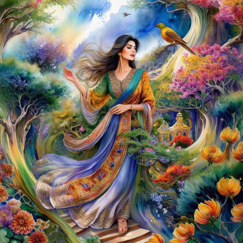 A mystical and spiritual watercolor painting of a beautiful Iranian woman standing inside a beautiful Iranian home amidst a swirl of colorful flowers, a maze of asymmetrical bonsai trees, cypress trees, grapevines, a whirlwind of beautiful little birds, and silk carpets in shades of green, blue, and yellow.