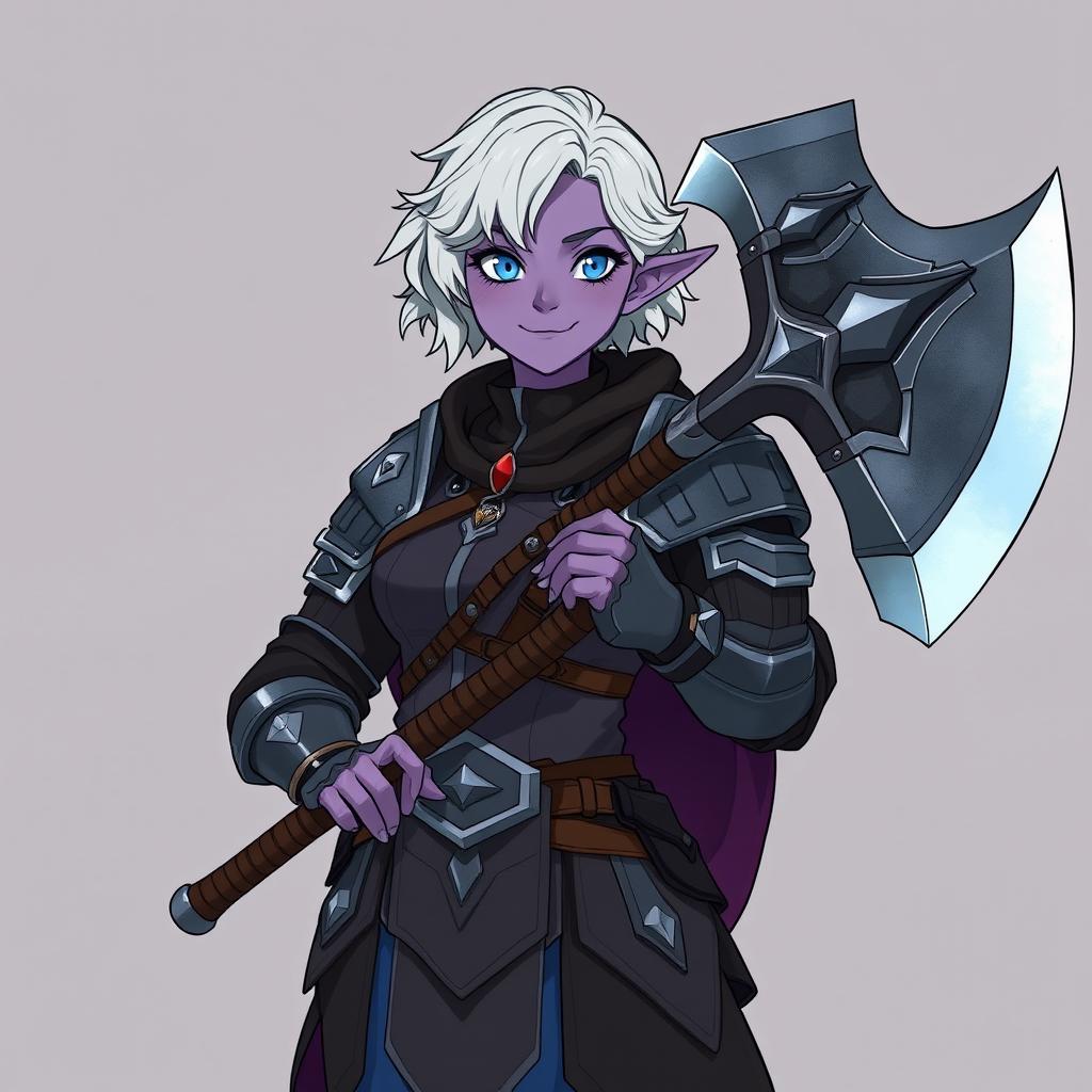 An illustration in the style of Studio Ghibli featuring a half-drow paladin named Fritz A