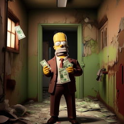 Homer Simpson in a sharp suit, standing in a derelict bathroom. He's holding a $100 bill in one hand and a credit card in the other, his facial expression reflects bewilderment and confusion.