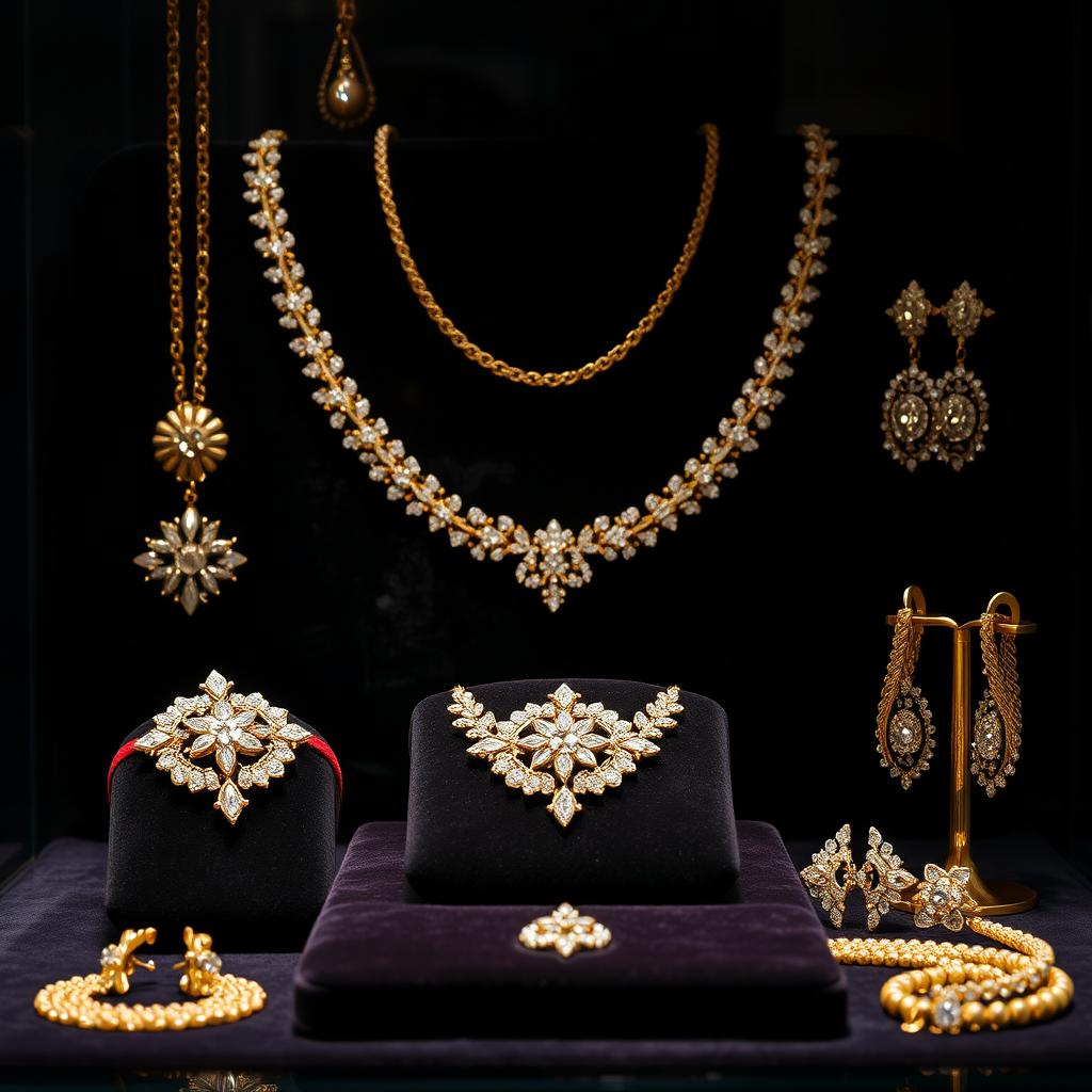 An elegant display showcasing luxurious and shiny accessories including necklaces, bracelets, and earrings, crafted from high-quality materials like gold and diamonds