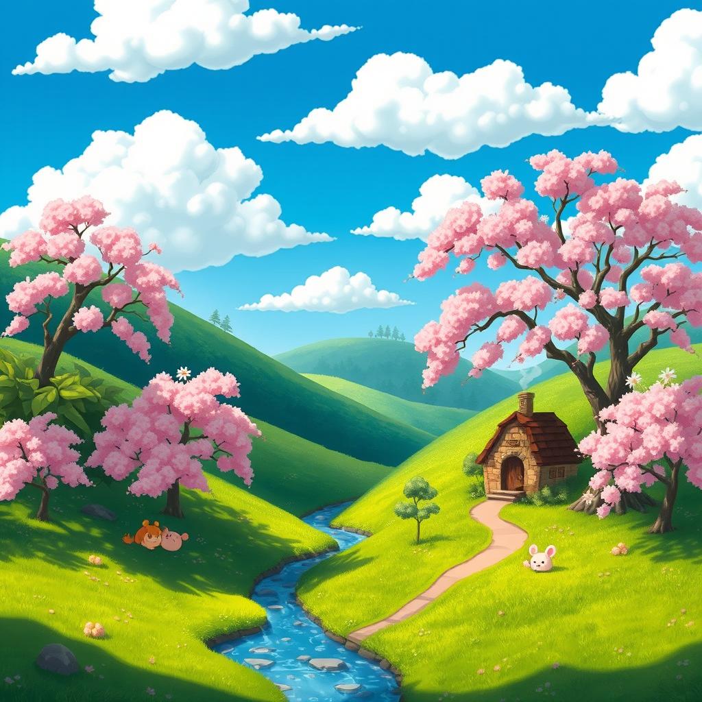 A whimsical, enchanting landscape in the style of Studio Ghibli, featuring lush green hills, cherry blossom trees in full bloom, and a serene stream winding through the scene