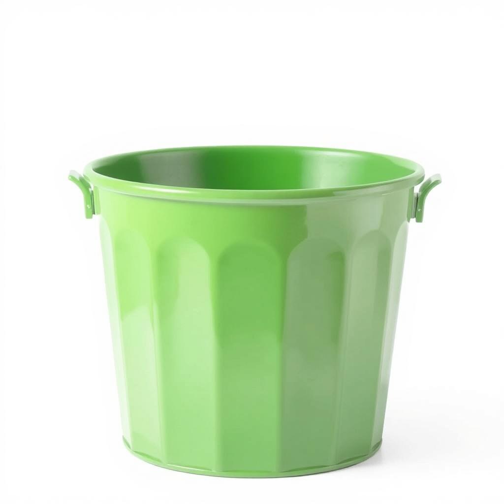 A green metal trash bin with handles on the sides, featuring a sleek, modern design
