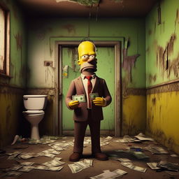 Homer Simpson in a sharp suit, standing in a derelict bathroom. He's holding a $100 bill in one hand and a credit card in the other, his facial expression reflects bewilderment and confusion.